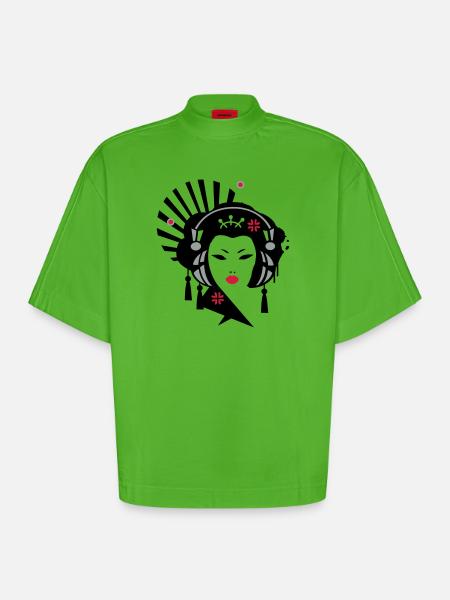 Geisha mit Kopfhörer - Heavyweight Oversized Organic Boxy T-Shirt Made in EU - Apple Neon