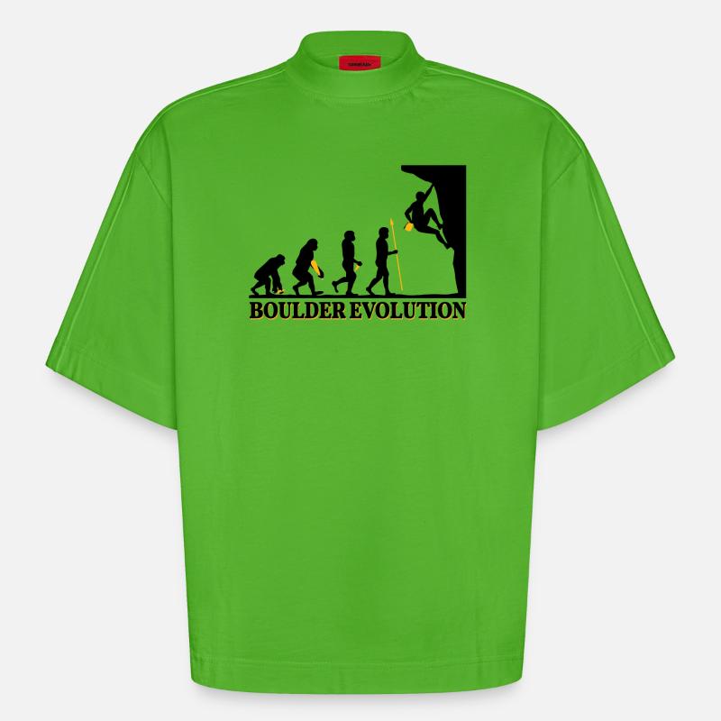 Boulder Evolution Klettern Bergsteigen Spruch - Heavyweight Oversized Organic Boxy T-Shirt Made in EU - Apple Neon