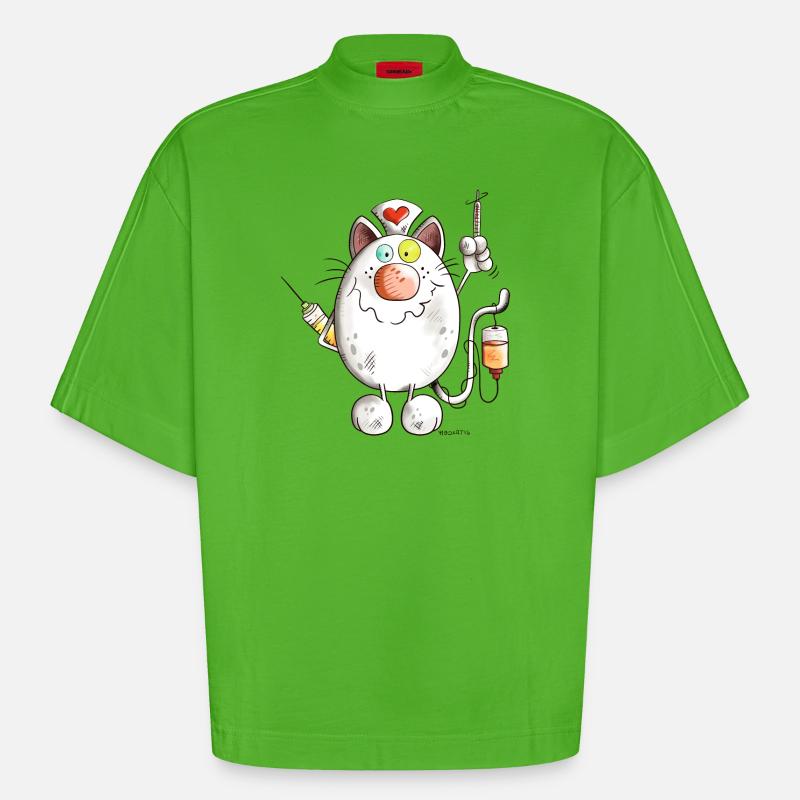 Krankenschwester Katze mit Herz - Comic - Heavyweight Oversized Organic Boxy T-Shirt Made in EU - Apple Neon