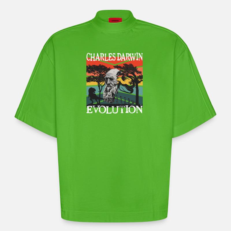 Idée cadeau textile Charles Darwin Evolution - T-shirt bio épais oversize Boxy fabriqué en UE - Apple Neon