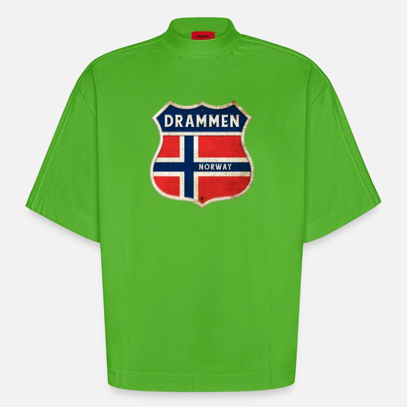 Drammen Norges våpenskjold flagg design - Heavyweight Oversized Organic Boxy T-skjorte produsert i EU - Apple Neon
