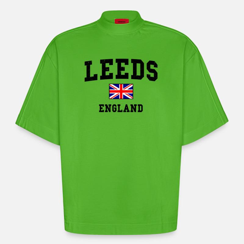 Conception du drapeau de Leeds, Angleterre - T-shirt bio épais oversize Boxy fabriqué en UE - Apple Neon