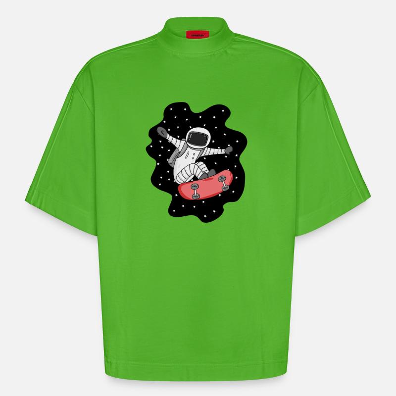 Astronaute avec skateboard dans l’espace - T-shirt bio épais oversize Boxy fabriqué en UE - Apple Neon