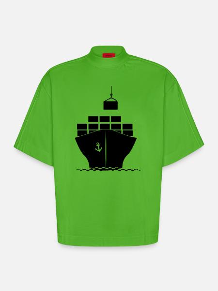 Sea container boat with crane loading - Heavyweight Oversized Organic Boxy T-Shirt Made in EU - Apple Neon