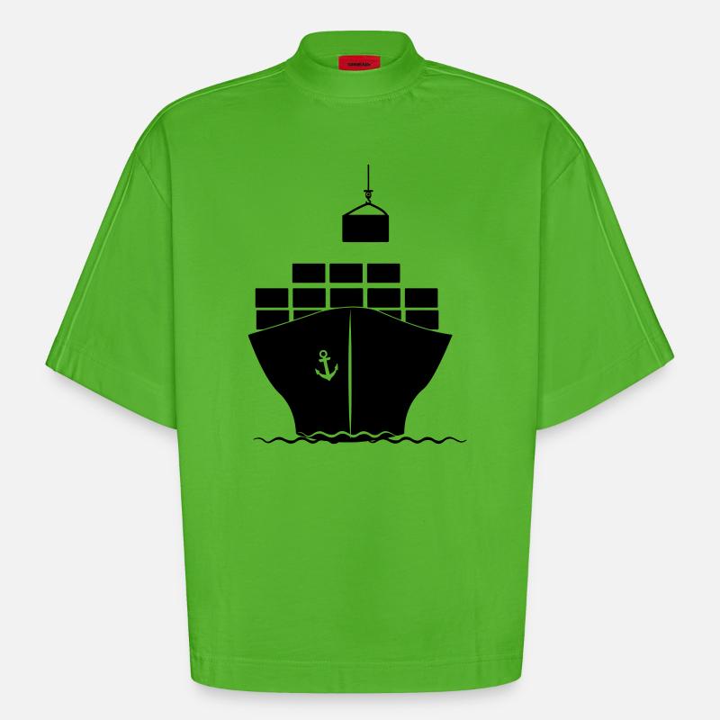 Sea container boat with crane loading - Heavyweight Oversized Organic Boxy T-Shirt Made in EU - Apple Neon
