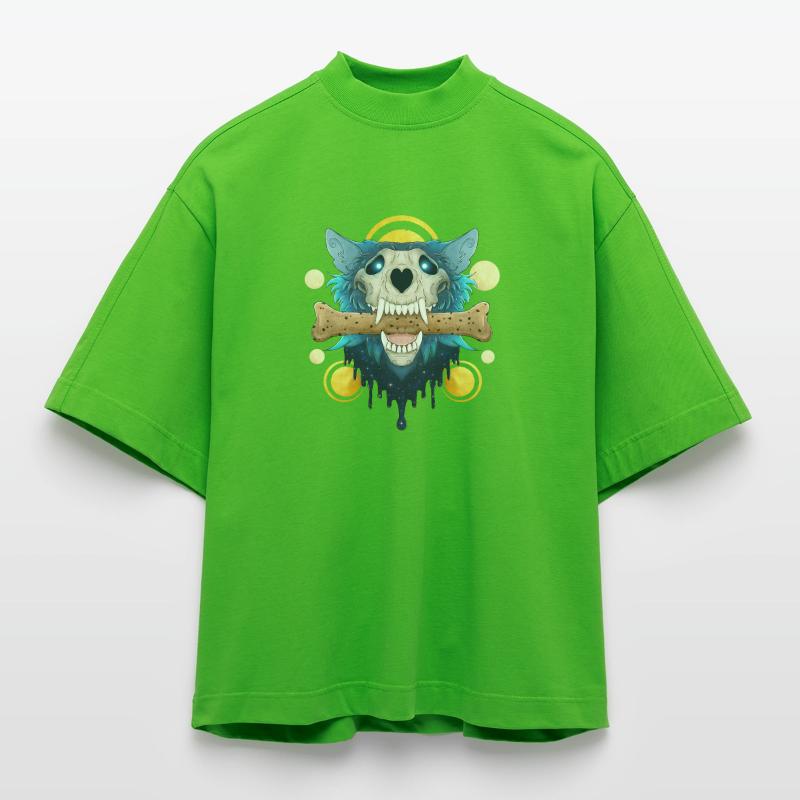 Hellhound Skull Gold - Demonic Wolf & Cookie Bone Heavyweight Oversized Organic Boxy T-Shirt Made in EU