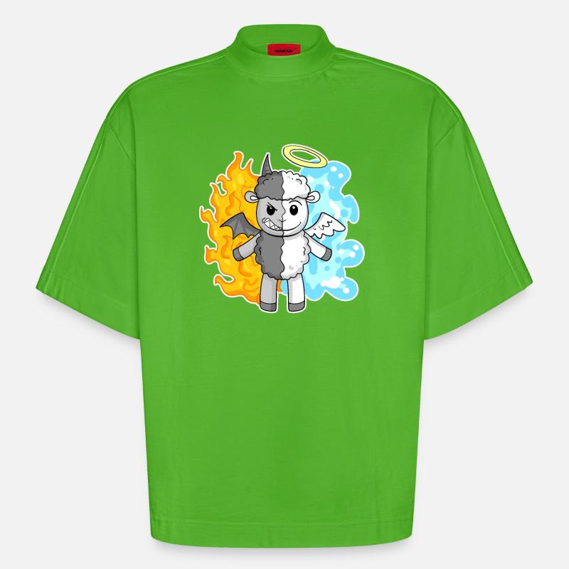Sheep - Angels and Devils - Heavyweight Oversized Organic Boxy T-Shirt Made in EU - Apple Neon