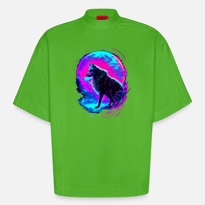 Wolf Neon Moon Synthwave - Heavyweight Oversized Organic Boxy T-Shirt Made in EU - Apple Neon