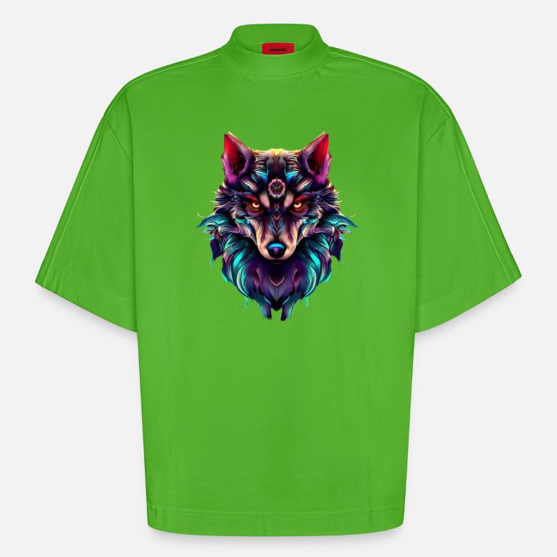 Wolf’s Head Synthwave Wolf - T-shirt bio épais oversize Boxy fabriqué en UE - Apple Neon