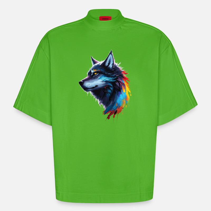 Regenbogen-Aquarell Wolf Spritzt - Heavyweight Oversized Organic Boxy T-Shirt Made in EU - Apple Neon