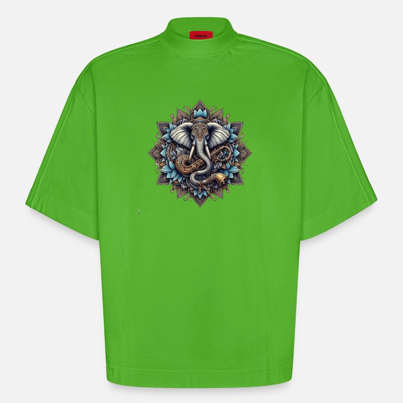 Mandala d’éléphants dans le style steampunk - T-shirt bio épais oversize Boxy fabriqué en UE - Apple Neon