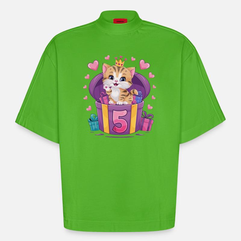 Chat mignon - 5e anniversaire - 5 ans - T-shirt bio épais oversize Boxy fabriqué en UE - Apple Neon