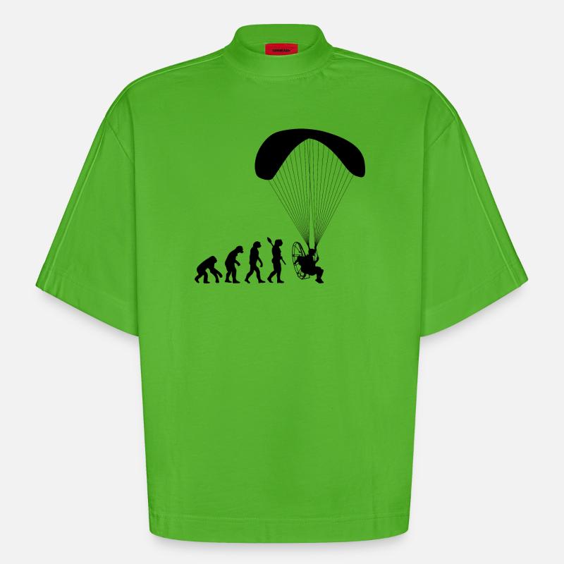 Paramotoring Human Evolution Funny - Heavyweight Oversized Organic Boxy T-Shirt Made in EU - Apple Neon