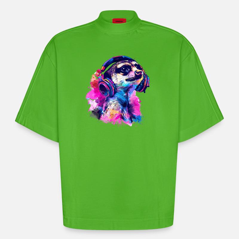 Erdmännchen Erdhündchen Scharrtier mit Kopfhörer - Heavyweight Oversized Organic Boxy T-Shirt Made in EU - Apple Neon