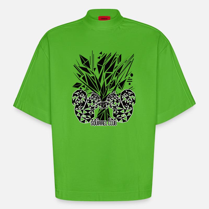 Lebensbaum mit Eichhörnchen – Geometrisches Design - Heavyweight Oversized Organic Boxy T-Shirt Made in EU - Apple Neon