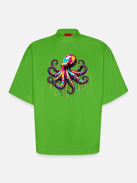 Octopus - Heavyweight Oversized Organic Boxy T-Shirt Made in EU - Apple Neon