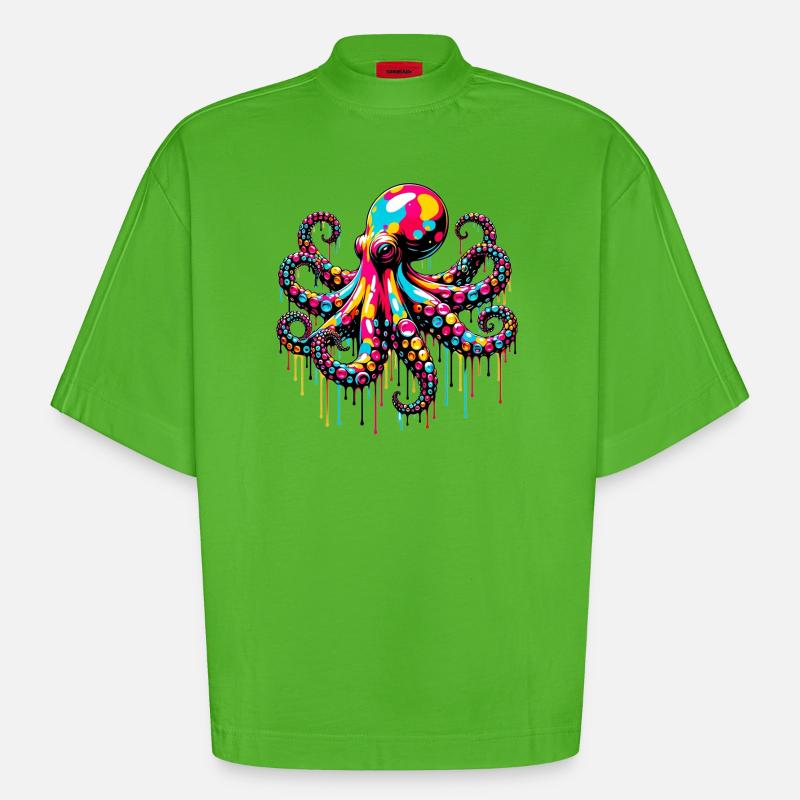 Octopus - Heavyweight Oversized Organic Boxy T-Shirt Made in EU - Apple Neon
