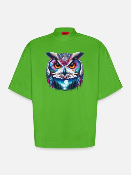 Owl - Heavyweight Oversized Organic Boxy T-Shirt Made in EU - Apple Neon