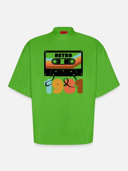 Retro Rainbow 80s Cassette Text - Heavyweight Oversized Organic Boxy T-Shirt Made in EU - Apple Neon