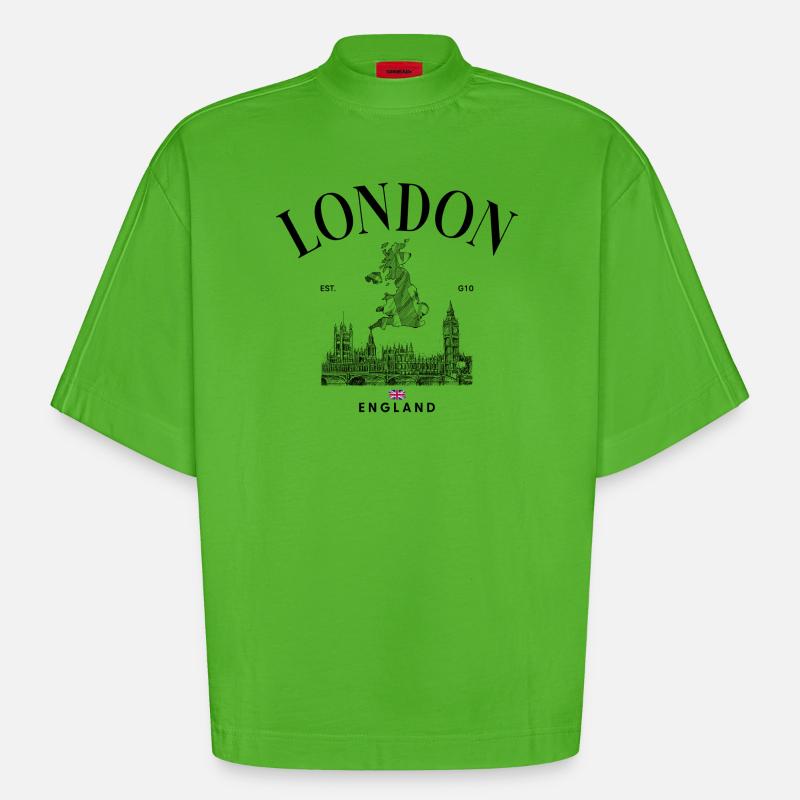 Tiny Union Jack auf Schwarz - Heavyweight Oversized Organic Boxy T-Shirt Made in EU - Apple Neon