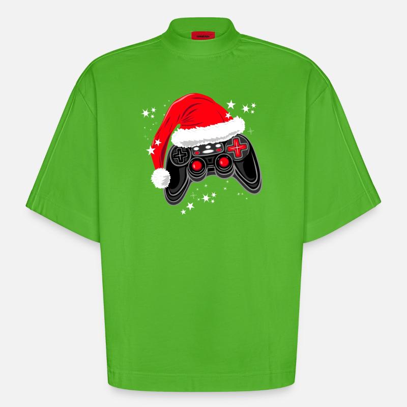 Gaming controller with Santa hat - Heavyweight Oversized Organic Boxy T-Shirt Made in EU - Apple Neon