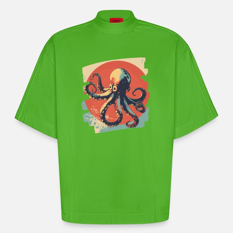 Octopus Octopus Retro - Heavyweight Oversized Organic Boxy T-Shirt Made in EU - Apple Neon