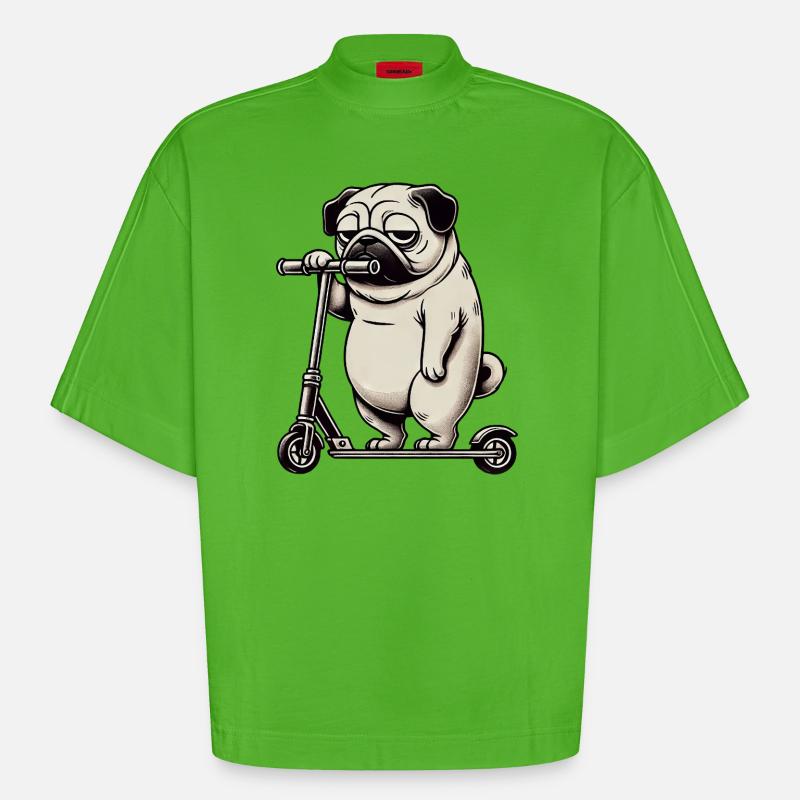 Lustiger Mops Roller Scooter Kickroller Grumpy - Heavyweight Oversized Organic Boxy T-Shirt Made in EU - Apple Neon