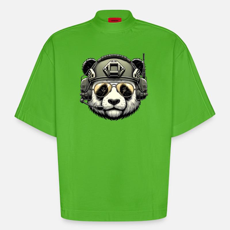 Panda Military Army Design - Heavyweight Oversized Organic Boxy T-Shirt Made in EU - Apple Neon