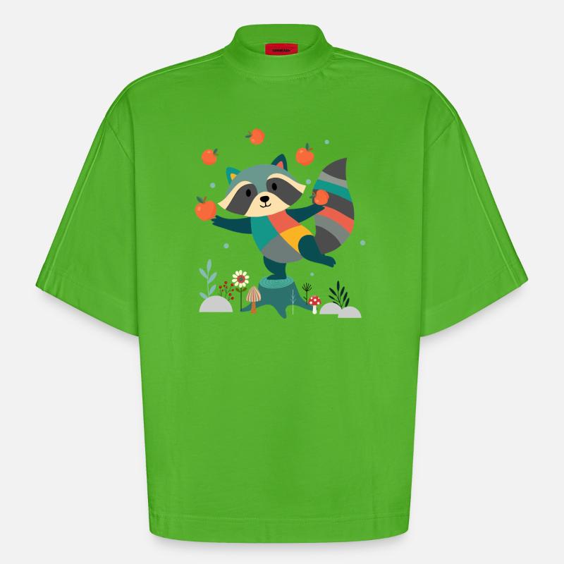 Playful raccoon happily juggling apples - Heavyweight Oversized Organic Boxy T-Shirt Made in EU - Apple Neon