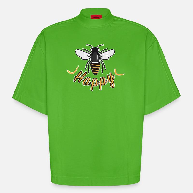 Happy bee with 'Happy' lettering - Heavyweight Oversized Organic Boxy T-Shirt Made in EU - Apple Neon