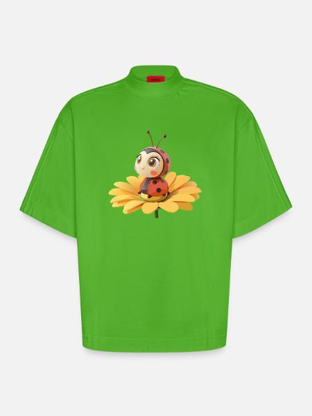 Cute ladybug on a flower - Heavyweight Oversized Organic Boxy T-Shirt Made in EU - Apple Neon
