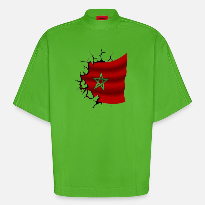 Drapeau du Maroc - Maroc - Drapeau Broken Design - T-shirt bio épais oversize Boxy fabriqué en UE - Apple Neon