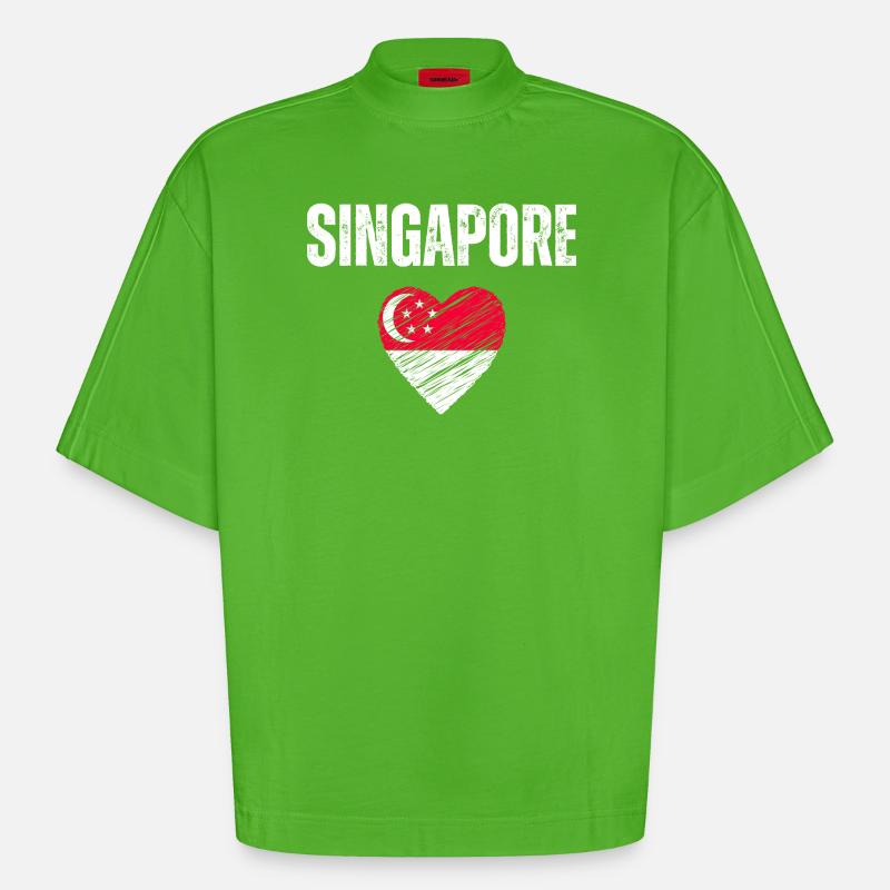 J’aime Singapour, le drapeau de Singapour - T-shirt bio épais oversize Boxy fabriqué en UE - Apple Neon