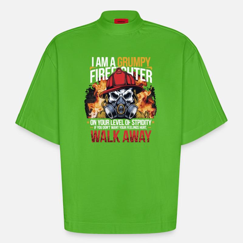 Grumpy Firefighter Skull Design - Heavyweight Oversized Organic Boxy T-Shirt Made in EU - Apple Neon