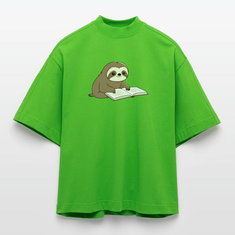 Cute Sloth Reader with Book Heavyweight Oversized Organic Boxy T-Shirt Made in EU