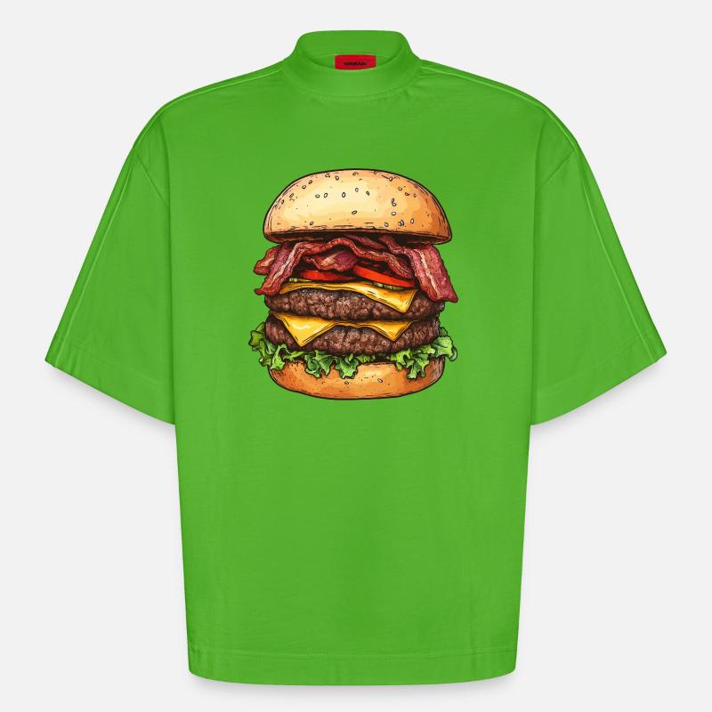 Double Bacon Cheeseburger :) - Heavyweight Oversized Organic Boxy T-Shirt Made in EU - Apple Neon