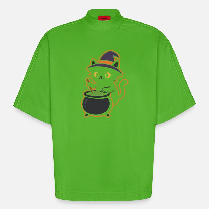 Conception magique de potion de sorcière pour chat - T-shirt bio épais oversize Boxy fabriqué en UE - Apple Neon