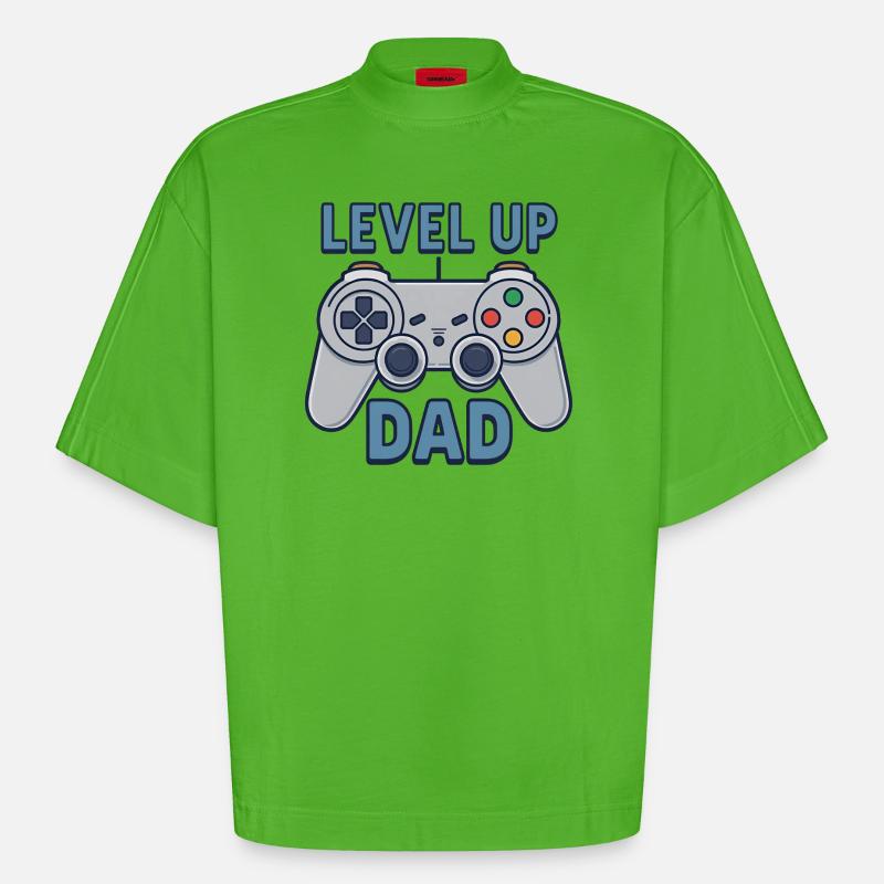 Level Up Dad – Gamer Controller Geschenk - Heavyweight Oversized Organic Boxy T-Shirt Made in EU - Apple Neon