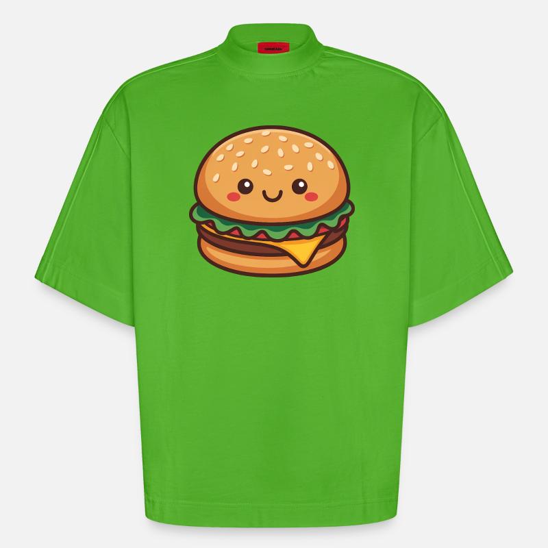 Kawaii Hamburger - Heavyweight Oversized Organic Boxy T-Shirt Made in EU - Apple Neon