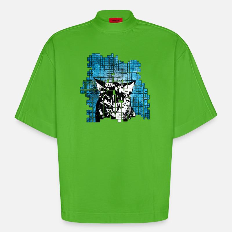 Graffiti-Stil Katzenporträt mit blauer Explosion - Heavyweight Oversized Organic Boxy T-Shirt Made in EU - Apple Neon
