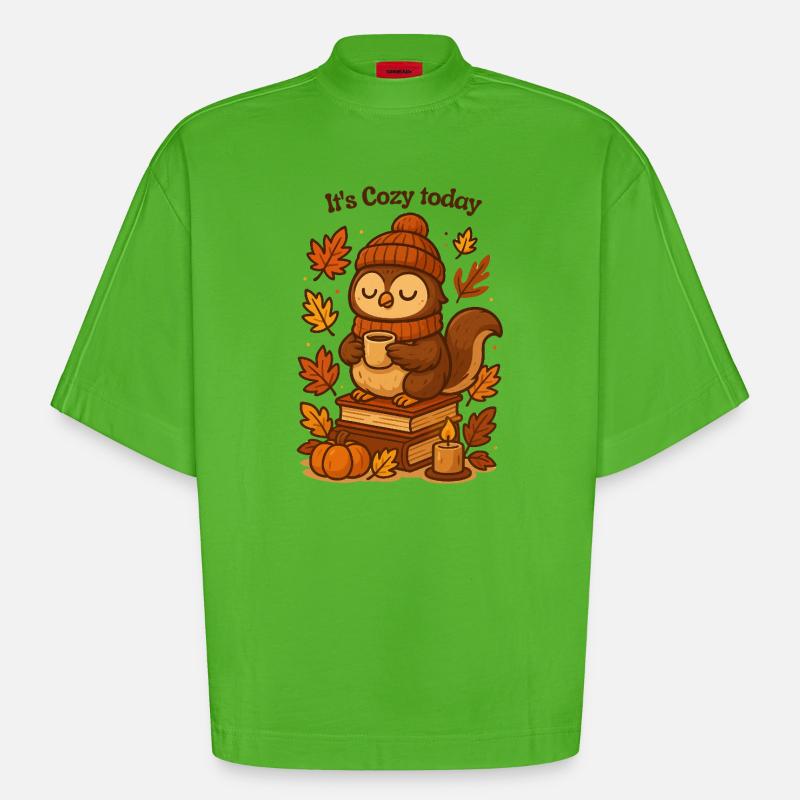 Gemütliche Herbst-Eule mit Tee Mütze  - Heavyweight Oversized Organic Boxy T-Shirt Made in EU - Apple Neon
