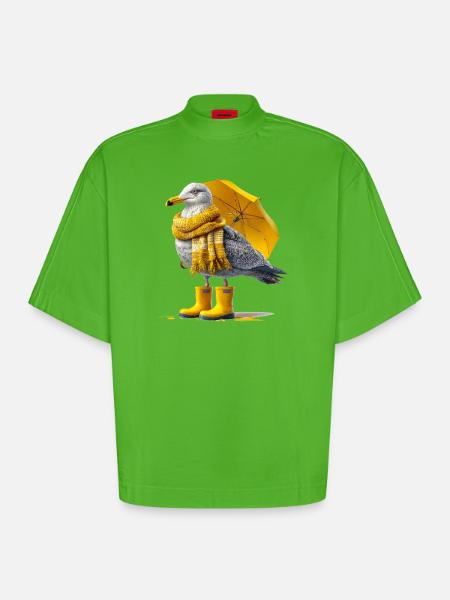 Seagull with yellow umbrella and boots - Heavyweight Oversized Organic Boxy T-Shirt Made in EU - Apple Neon