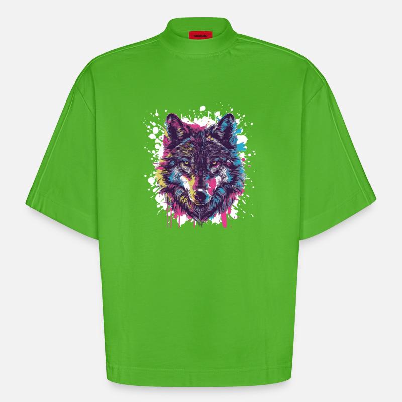 Wolf Tier Farbklecks - Heavyweight Oversized Organic Boxy T-Shirt Made in EU - Apple Neon