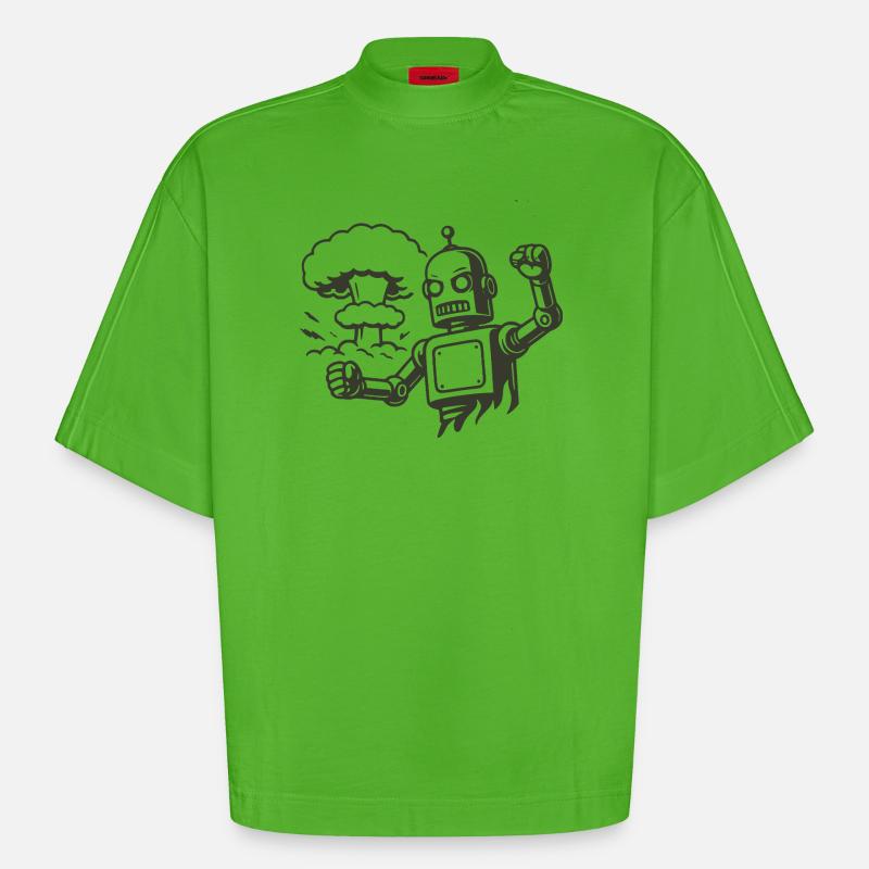 Robot rétro devant un nuage d’explosion - T-shirt bio épais oversize Boxy fabriqué en UE - Apple Neon
