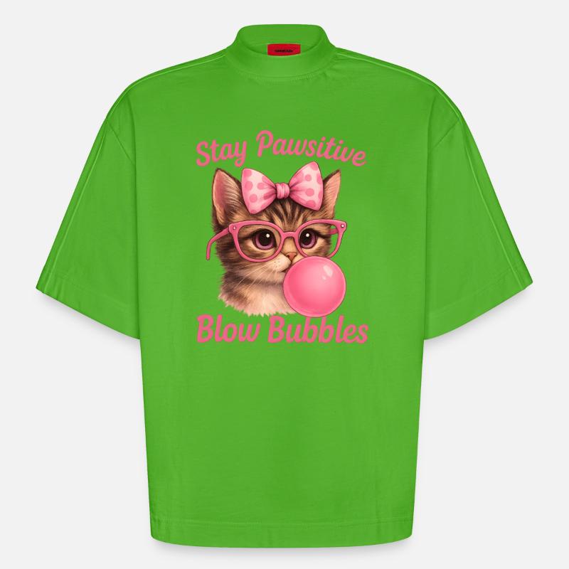 Chat mignon - Stay Pawsitive Blow Bubbles - T-shirt bio épais oversize Boxy fabriqué en UE - Apple Neon
