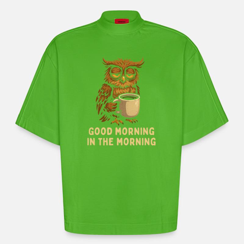 Schlafmütze Eule mit Kaffee - Heavyweight Oversized Organic Boxy T-Shirt Made in EU - Apple Neon
