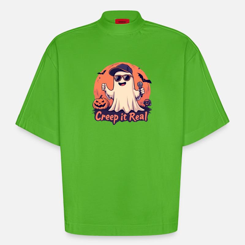 Creep It Real Ghost avec micro - T-shirt bio épais oversize Boxy fabriqué en UE - Apple Neon