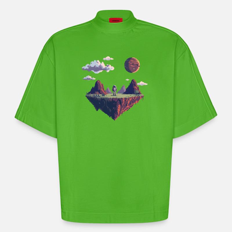 8-Bit Pixel Astronaut auf Schwebender Insel - Heavyweight Oversized Organic Boxy T-Shirt Made in EU - Apple Neon