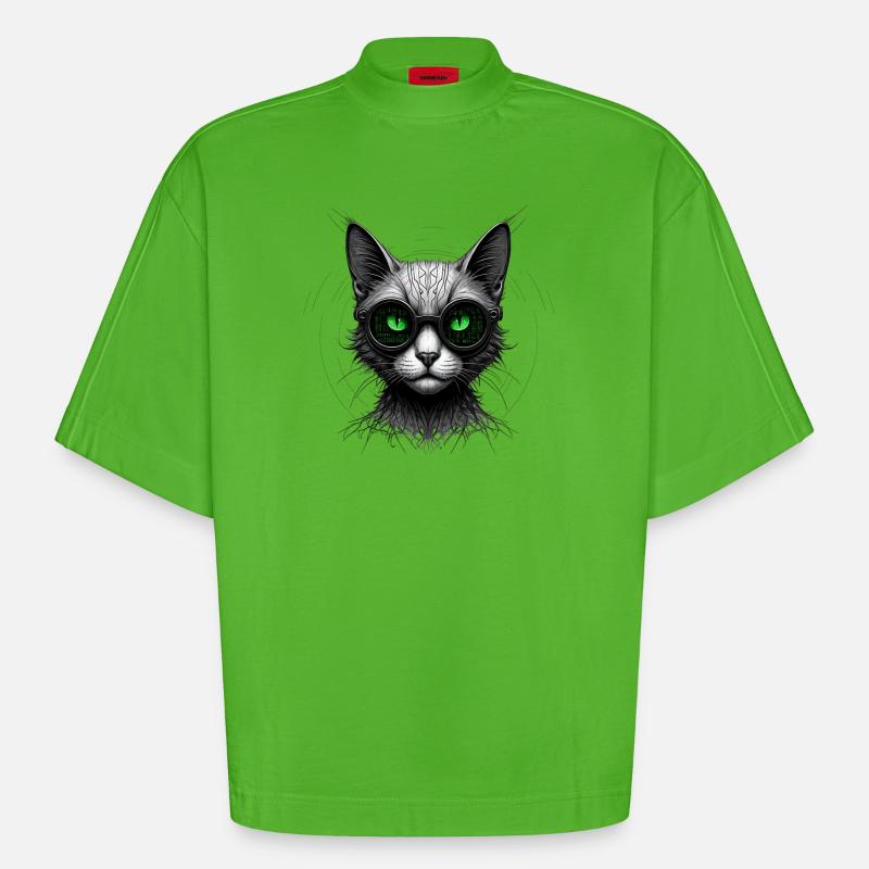 Green Eyes Computer Coder Geek Cat - Heavyweight Oversized Organic Boxy T-Shirt Made in EU - Apple Neon