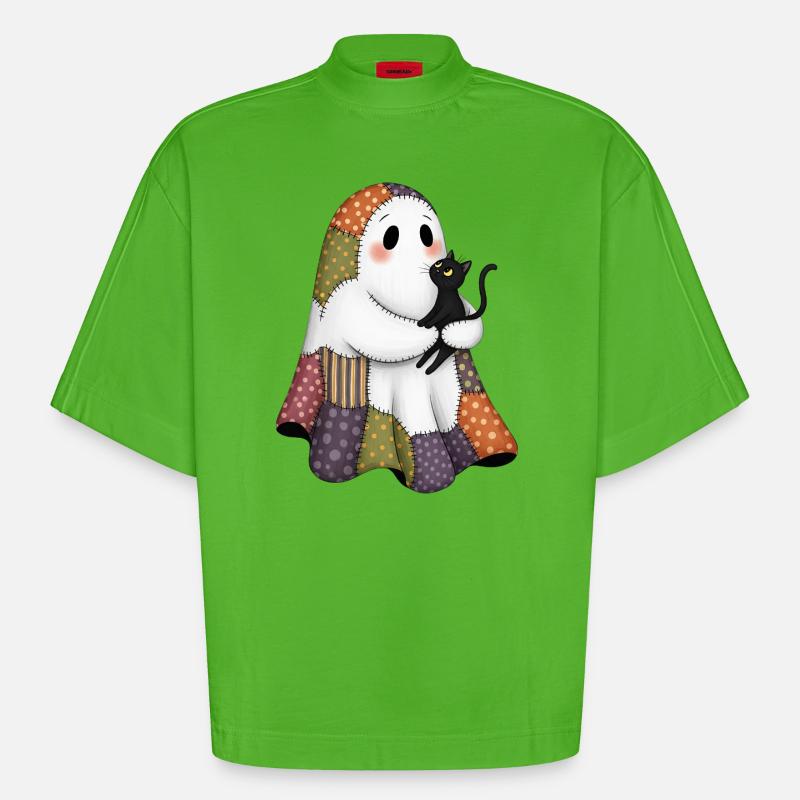 Patchwork fantôme avec chat noir - T-shirt bio épais oversize Boxy fabriqué en UE - Apple Neon